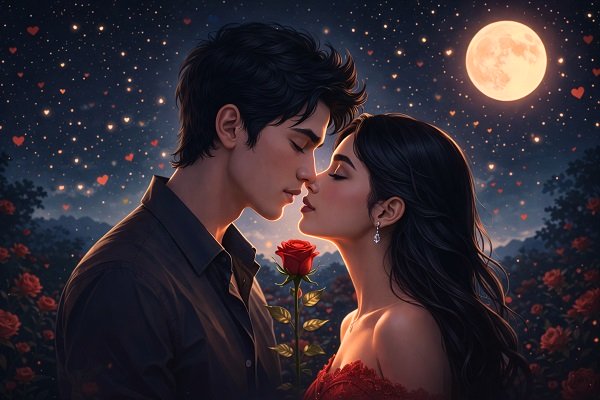 ilustratie generata AI, cuplu tanar, partenera in rochie rosie cu umerii dezgoliti, tinand ochii inchisi si asteptand sa fie sarutata de partenerul ei imbracat in camasa neagra, ce tine si el, la randul sau, ochii inchisi, intre ei  fiind un trandafir rosu,amandoi aflandu-se intr-un cadru nocturn, cu stele, intr-o gradina cu trandafiri rosii