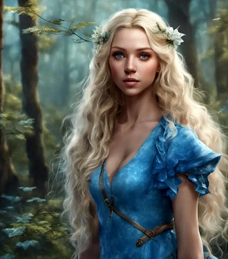 ilustratie, femeie tanara,frumoasa, cu flori albe in par, imbracata in rochie albastra cu maneca scurta, aflandu-se intr-o padure 