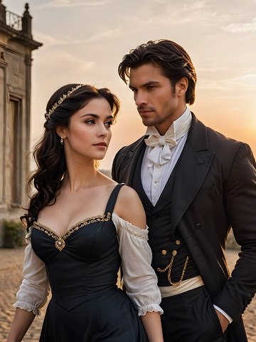 ilustratie, cuplu regal, partenera frumoasa, cu parul lung, imbracata in rochie neagra, decoltata, cu maneci albe si ornamente aurii pe decolteu, in timp ce sta cu spatele la partenerul ei, ganditor, imbracat in costum negru si camasa alba, tinandu-si mana in buzunar, amandoi stand in curtea unui palat, la lumina asfintitului