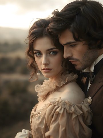ilustratie generata AI, cuplu regal, femeie frumoasa, cu parul strans, imbracata in rochie bej cu umerii dezgoliti, stand lipita de partenerul ei, ingandurat, imbracat in costum maro,cu camasa alba, amandoi aflandu-se intr-un spatiu din aer liber, in departare zarindu-se dealuri