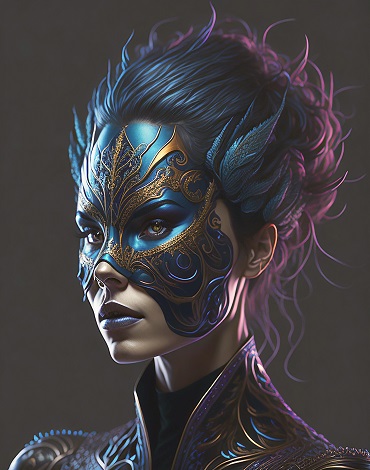 ilustratie generata AI, portret de femeie tanara, frumoasa, cu parul strans, purtand pe fata o masca albastra cu auriu si purtand o tinuta cu albastru si auriu