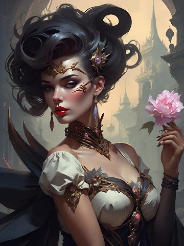 ilustratie, femeie frumoasa, cu parul strans, imbracata in rochie cu alb si negru, decoltata, avand la gat un colier auriu cu piatra roz, cercei lungi si o diadema aurie, un ornament auriu cu piatra roz in par, tinand in mana o floare roz in timp ce in spatele ei se vede, pe fundal, un palat