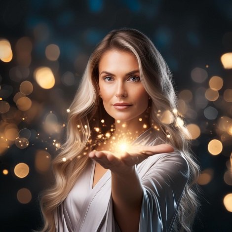 ilustratie generata AI, femeie frumoasa, blonda, imbracata in alb, intinzand una dintre palme pentru a primi lumina aurie, fiind inconjurata de luminite rotunde, aurii