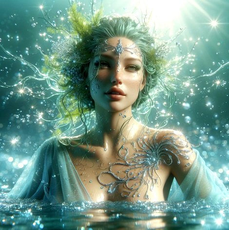 ilustratie generata AI, nimfa cu parul verzui, cu plante acvatice in par, cu ornament argintiu pe fata si pe piept, purtand o rochie de voal si stand visatoare in apa, inconjurata de lumina 