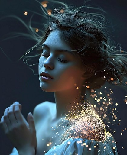 ilustratie generata AI, femeie tanara,frumoasa, cu rochie sau bluza alba, cu umerii dezgoliti, stand cu ochii inchisi, cu palmele impreunate ca sa primeasca o lumina aurie, in stare de visare