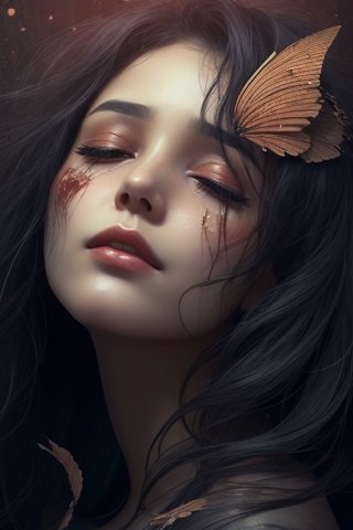 ilustratie generata AI, portret de femeie tanara, frumoasa, cu parul lung, brunet, coplesita de tristete, cu ochii inchisi, avand pe fata urme de rani si pe par un fluture maro, in timp ce se afla intr-un cadru intunecat