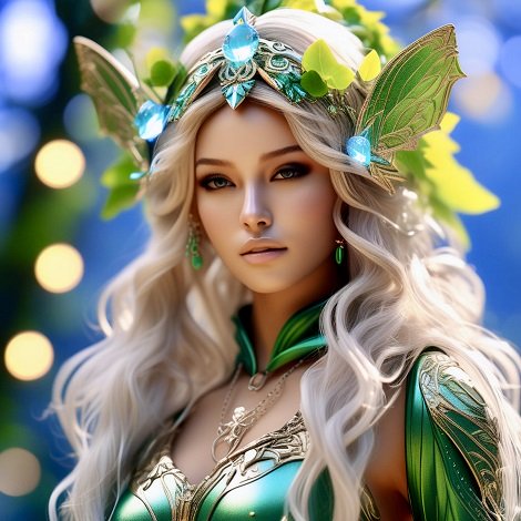 ilustratie generata AI, zana a naturii, cu parul blond, cu aripi verzi, imbracata in tinuta verde cu auriu, cu diadema cu pietre bleu turcoaz pe cap, in timp ce sta intr-un colt de natura, inconjurata de luminite aurii