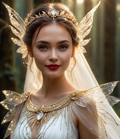 ilustratie generata AI, zana inaripata, cu aripi aurii, cu val alb pe spate, cu diadema aurie, imbracata in rochie alba cu ornamente aurii, in timp ce sta fericita intr-un colt de natura intr-o zi insorita
