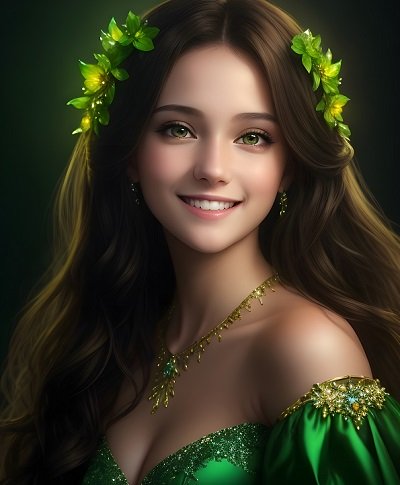 ilustratie generata AI, femeie tanara, frumoasa,vesela, imbracata in rochie verde, decoltata, avand colir auriu cu pietre verzi la gat, cercei aurii si frunze pe cap