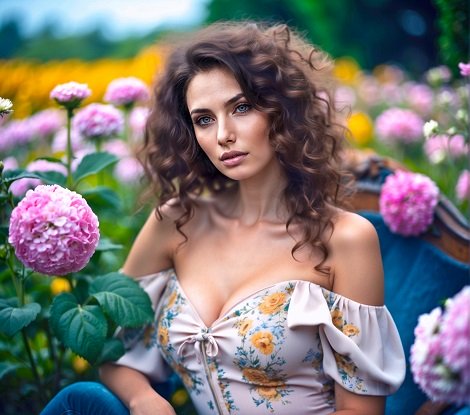 ilustratie, femeie tanara, frumoasa, cu parul cret, imbracata in bluza roz tip corset, cu imprimeu floral si cu umerii dezgoliti, in timp ce sta ganditoare pe un scaun vintage albastru in mijlocul unui camp cu dalii roz