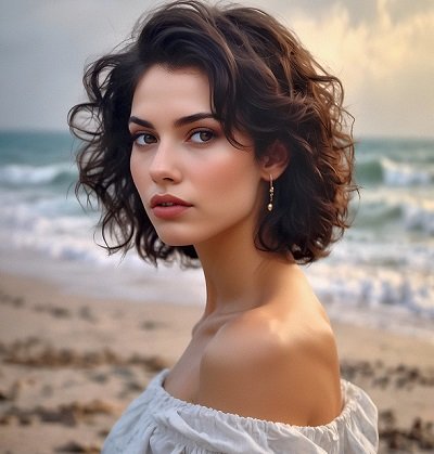 ilustratie, femeie tanara, frumoasa, cu parul ondulat, imbracata in rochie sau bluza alba, cu umerii dezgoliti, privind inapoi in timp ce se afla pe plaja, la malul marii