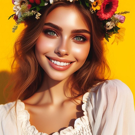 ilustratie generata AI, portret de femeie tanara, frumoasa, vesela, imbracata in alb, avand pe cap o coronita bogata cu diverse flori, avand in spatele ei un fundal galben