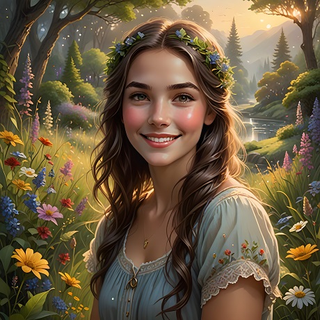 ilustratie, femeie tanara, frumoasa, vesela, cu parul lung, cu coronita de flori albastre, imbracata in rochie sau bluza bleu cu flori si dantela pe maneci, in timp ce se afla intr-un luminis, inconjurata de diverse flori, stand cu spatele la arbori si la un curs de apa din padure