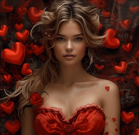 ilustratie, femeie tanara, frumoasa, imbracata cu rochie rosie, cu umerii dezgoliti, fiind inconjurata de un decor cu inimi rosii de satin