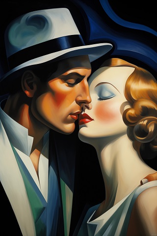 ilustratie inspirata din stilul Art Deco, cuplu aflat intr-o ipostaza romantica, partenera imbracata in alb, cu machiaj albastru pe pleoape si cu ruj rosu si partener imbracat cu haina neagra si guler alb, cu palarie alba pe cap, pregatindu-se sa-și sarute partenera