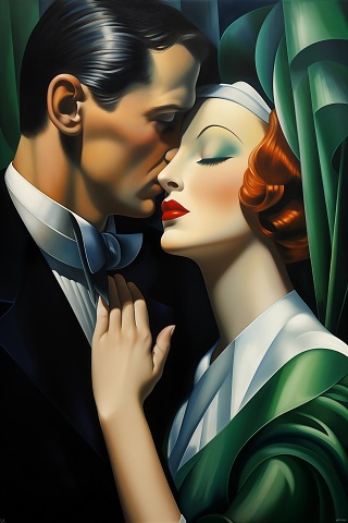 ilustratie inspirata din Art Deco, cuplu intr-o ipostaza romantica, partener imbracat cu costum negru, camasa alba si papion lipindu-si fata de cea a partenerei sale, cu machiaj verde pe pleoape, cu ruj rosu,imbracata in verde si alb, cu un ornament verde cu alb pe cap, care tine ochii inchisi si și-a pus o mână pe pieptul acestuia
