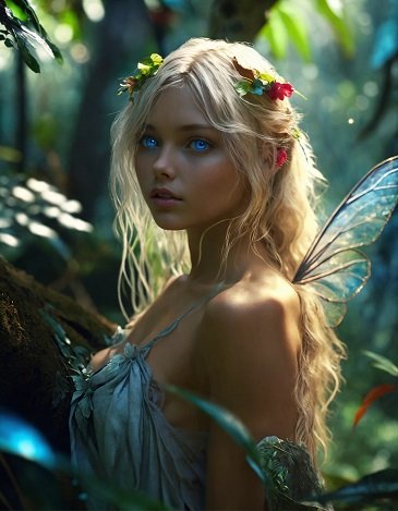 ilustratie generata AI, zana frumoasa elf cu aripi albastre, imbracata in rochie bleu turcoaz decoltata, avand flori in par, aflandu-se intr-o padure scaldata in lumina soarelui