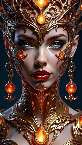 ilustratie generata AI, portret de femeie mistica, tanara, frumoasa, cu ochii albastri, avand pe cap, pe gat, pe umeri si pe zona decolteului un fel de armura aurie, in relief, cu piatra chihlimbar si purtand cercei lungi cu auriu si cu chihlimbar