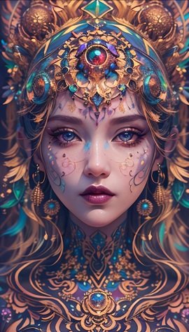 ilustratie generata AI, portret de femeie tanara, frumoasa, mistica, avand pe cap un ornament opulent cu piatra rosiatica, cu auriu si cu turcoaz, purtand cercei aurii, avand picturi pe fata si pe gat, picturile de pe gat fiind asortate cu cele de pe cap, avand auriu, turcoaz si violet