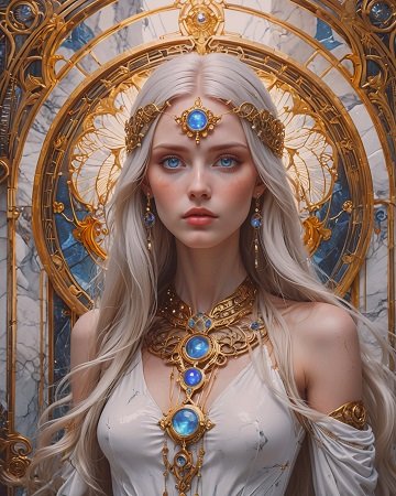 ilustratie generata AI, femeie tanara, frumoasa, cu parul blond, imbracata cu rochie alba decoltata, cu umerii dezgoliti, avand colier opulent si diadema aurii cu pietre pretioase albastre, in timp ce se afla intr-un cadru opulent, cu mamura albastra si cu auriu
