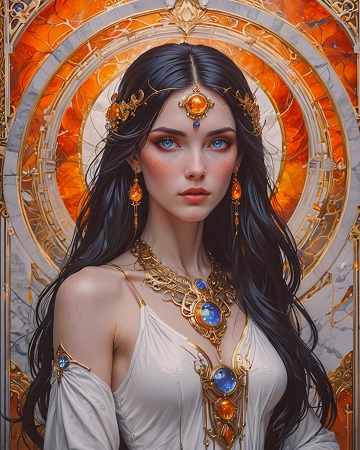 ilustratie generata AI, femeie tanara, frumoasa, cu parul negru, imbracata cu rochie alba decoltata, cu umerii dezgoliti, purtand colier opulent cu pietre albastre si portocalii, cercei lungi portocalii, diadema cu auriu si cu pietre portocalii, in spatele ei aflandu-se un decor cu marmura portocalie si gri