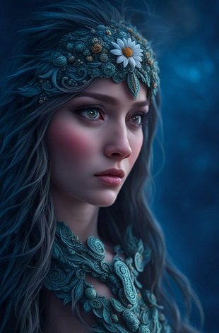 ilustratie generata AI, femeie tanara, frumoasa, trista, pe fundal albastru, purtand pe cap un ornament albastru cu o floare alba si la gat tot un ornament albastru