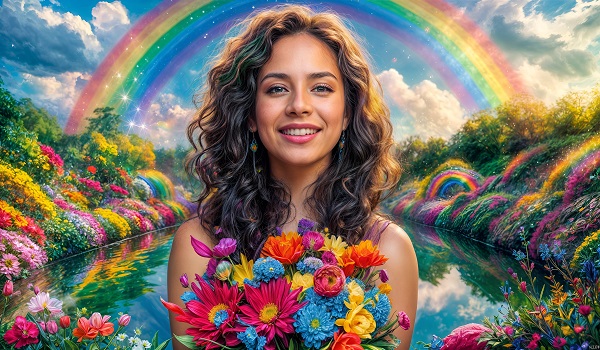 ilustratie generata AI, femeie tanara, frumoasa, fericita, strangand la piept un buchet de flori in timp ce in spatele ei se afla un curs de apa cu malurile cu flori, un cer senin cu nori pufosi si un curcubeu 