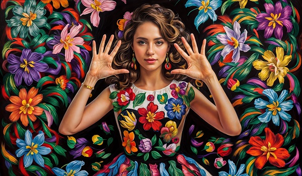 ilustratie generata AI, femeie tanara, frumoasa,imbracata cu rochie fara maneci alba, decorata de flori divers colorate, purtand cercei lungi colorati si avand in par o floare, in timp ce ridica bratele la nivelul umerilor si este inconjurata de un decor cu flori mari, pe fond negru