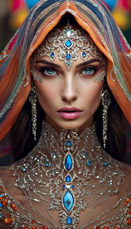 ilustratie generata AI, portret de femeie frumoasa,avand pe cap un val cu dungi colorate si cu argintiu, un ornament opulent cu argintiu si cu pietre albastre pe frunte, cercei lungi argintii si ornamente opulente, cu argintiu, cu albastru si cu portocaliu la gat si in zona decolteului 
