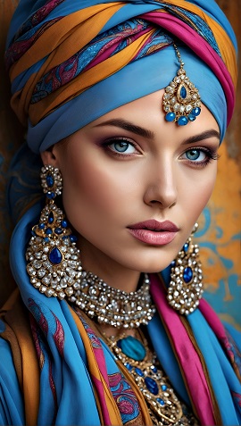 ilustratie generata AI, portret de femeie tanara, frumoasa, cu turban si esarfa cu portocaliu, cu ciclam si cu albastru, cu ornament cu piatra albastra pe frunte, purtand cercei lungi cu pietre argintii, albastre si aurii si colier asortat