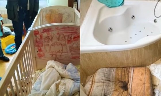 colaj imagini capturi video, patuturi de copii mazgalite cu desene cu monstrii rosii si barbati langa patuturi, si imagine dintr-o baie, cu cada, cu o perna cu dungi murdara, imaginile din casa din Oviedo in care trei copii au fost ținuți &icirc;nchiși acasă de părinții lor 4 ani