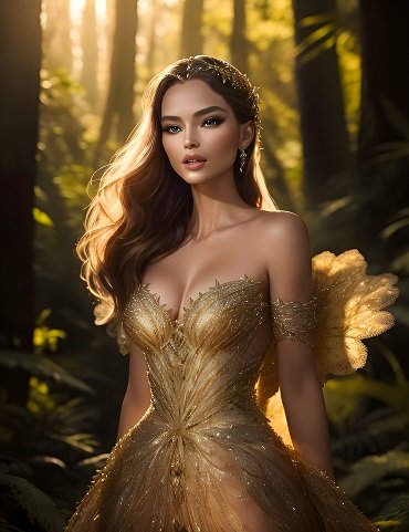 ilustratie generata AI, femeie tanara, frumoasa, ganditoare,cu aripi aurii de zana, imbracata in rochie aurie eleganta, decoltata, care ii subliniaza silueta, purtand cercei aurii si diadema aurie, in timp ce se afla intr-o padure luxurianta in care patrund razele soarelui