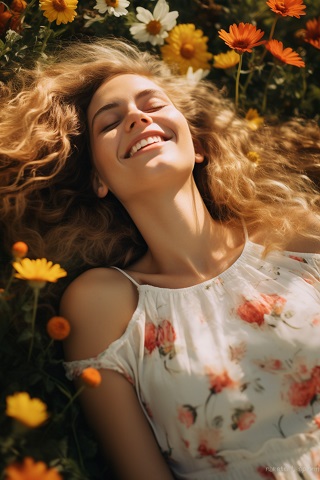ilustratie generata AI, femeie tanara, frumoasa, cu parul lung, blond, fericita, tinand ochii inchisi, imbracata cu rochie alba cu imprimeu floral, in timp ce sta cu ochii inchisi printre flori galbene si portocalii