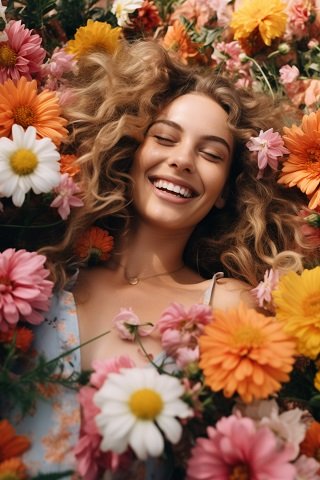 ilustratie generata AI, femeie tanara, frumoasa, fericita, cu colier auriu la gat, imbracata cu rochie bleu decoltata, cu imprimeu floral, stand culcata,cu ochii inchisi, printre diverse flori