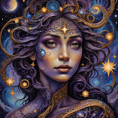 ilustratie generata AI, portret de femeie mistica, tanara,imbracata in mov si auriu, cu cercei aurii, care are in par stele aurii si este inconjurata de stele si de planete intr-un cadru cosmic