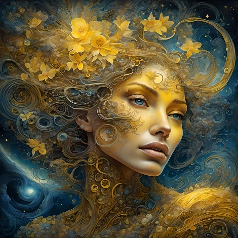 ilustratie generata AI, portret de zeita cu ochi albastri, visatoare, avand pe cap flori galbene, in timp ce se afla intr-un cadru cosmic, stelar