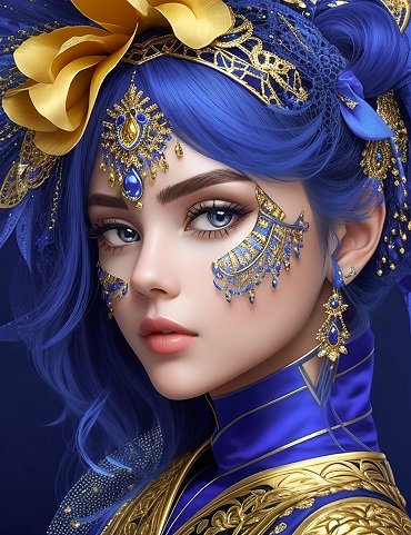 ilustratie generata AI, portret de femeie tanara, frumoasa, imbracata in tinuta albastra cu auriu, purtand bijuterii cu albastru si auriu, avand ornamente aurii cu pietre albastre si o floare aurie in par, iar pe fata avand aplicate niste ornamente cu albastru si auriu