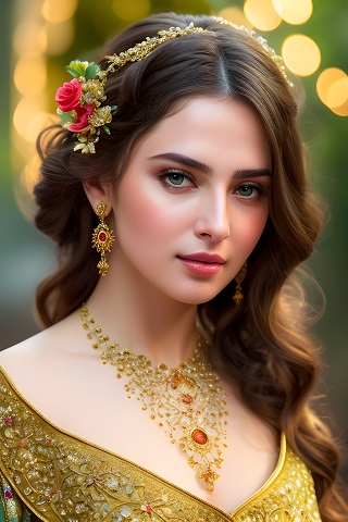 ilustratie generata AI, printesa tanara, frumoasa, imbracata cu rochie aurie, decoltata, purtand colier auriu cu piatra rosie, cercei lungi aurii cu piatra rosie si diadema aurie cu flori rosii pe cap, fiind inconjurata de luminite aurii