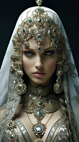 ilustratie, portret de femeie frumoasa, cu privirea dura, purtand pe cap un val alb cu ornamente de pietre pretioase cu argintiu, un colier opulent la gat cu pietre gri-verde si o tinuta decoltata, argintie, stralucitoare