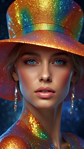 ilustratie, portret de femeie tanara, frumoasa, imbracata intr-o tinuta din material stralucitor tip lame, cu nuante de portocaliu, verde si albastru, purtand palarie asortata si cercei lungi  