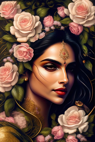ilustratie generata AI, portret de femeie tanara, frumoasa, bruneta, cu un ornament auriu pe frunte, avand pe cap un ornament bogat de trandafiri roz