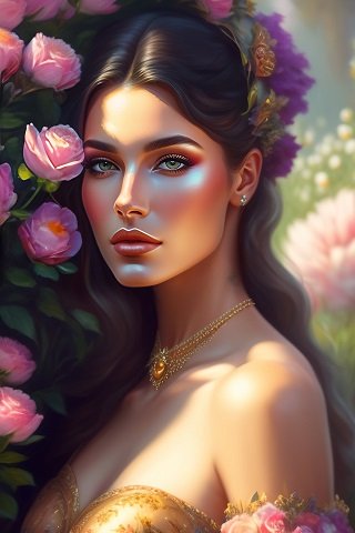 ilustratie generata AI, portret de femeie tanara, frumoasa, imbracata intr-o rochie decoltata aurie, cu ornamente cu flori roz langa umeri, cu cercei aurii, in timp ce sta lipita de o tufa de trandafiri roz, pe fundal sesizandu-se si alte flori