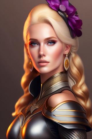 ilustratie, portret de femeie frumoasa, blonda, tanara, imbracata cu armura argintie, cu auriu si cu maro, purtand cercei lungi cu alb si cu gaben si o floare decorativa mov in par