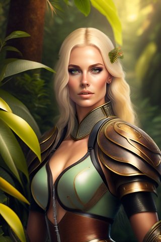 ilustratie, femeie-razboinic, tanara, frumoasa,cu parul blond, imbracata cu corset decoltat vernil cu maro, cu armura maronie pe umeri si pe brate, in timp ce se afla langa un tufis in jungla