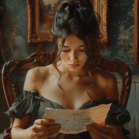 ilustratie generata AI, femeie tanara, frumoasa, cu parul strans, imbracata cu rochie neagra cu umerii dezgoliti, stand pe un scaun vintage de lemn, cu spatele la un perete decorat cu albastru si maro, pe care se afla un tablou, in timp ce citeste o scrisoare