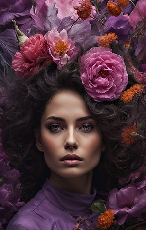 ilustratie, portret de femeie frumoasa, imbracata in mov,avand in par flori mov, roz si portocalii si fiind inconjurata de aceleasi tipuri de flori 