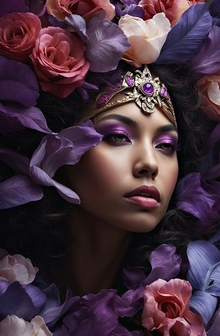 ilustratie, portret de femeie frumoasa, cu machiaj violet pe pleoape, cu ornament auriu cu piatra mov pe cap, inconjurata de flori in nuante de violet si de roz