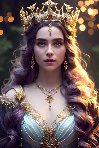 ilustratie, femeie tanara, frumoasa, cu parul lung, ondulat, care îi cade pe umeri, imbracata cu rochie bleu decoltata, cu ornamente aurii, purtand colier si bijuterii aurii, coroana opulenta cu pietre maronii, in timp ce sta ganditoare intr-un cadru in care este inconjurata de luminite aurii