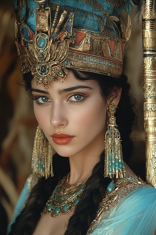 ilustratie, printesa sau regina egipteana tanara, imbracata in bleu, cu ornamente opulente aurii cu pietre bleu turcoaz la gat, cu cercei lungi aurii, avand pe cap un ornament opulent, cu auriu si cu pietre bleu, stand langa niste coloane subtiri, de aur