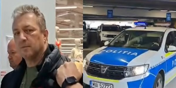colaj imagini capturi video, barbat grizonat, imbracat in negru, tinut de vesta de un alt barbat, după ce a fost retinut intrucat si-a injunghiat iubita intr-un centru comercial din Timisoara si masina de politie in parcarea subterana a mall-ului din Timisoara